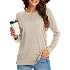 Women’s Long Sleeve Side Split Tunic Top - Loose Crewneck Sweater